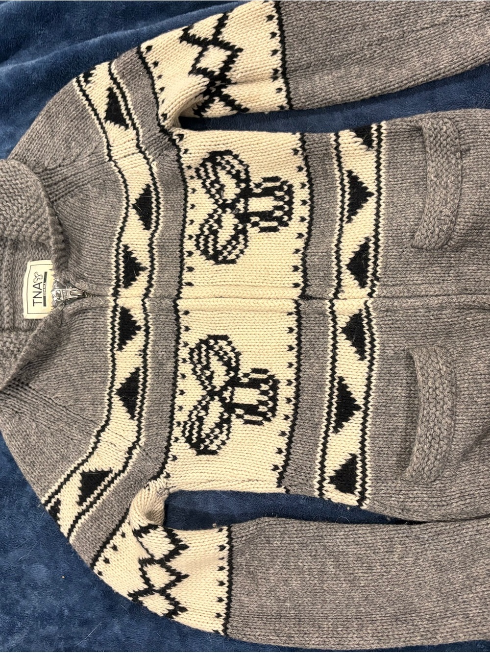 TNA Women’s Grey & Cream Zip-Up Wool Blend Sweater